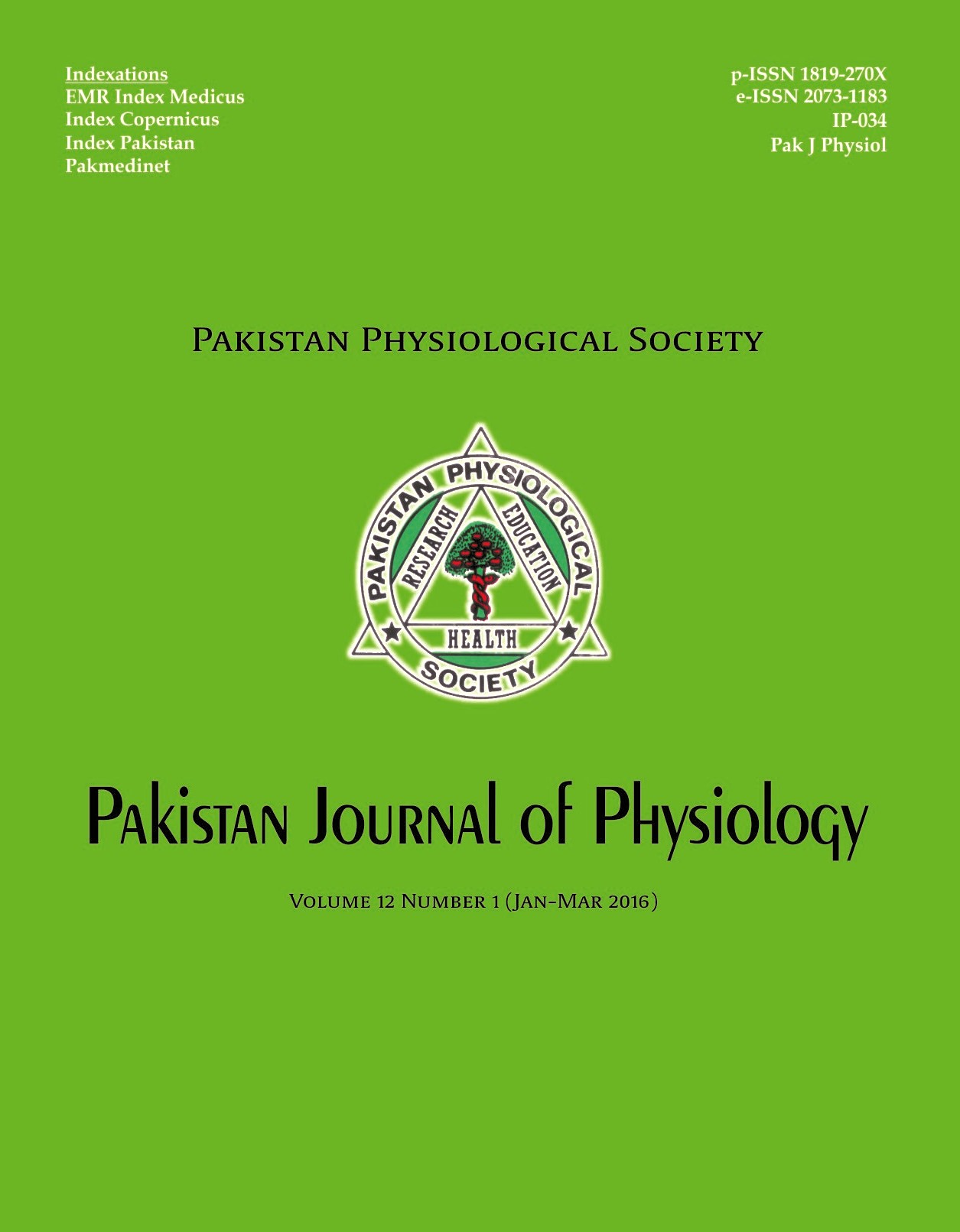 					View Vol. 12 No. 1 (2016): Pakistan Journal of Physiology
				