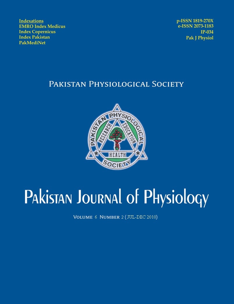 					View Vol. 5 No. 2 (2009): Pakistan Journal of Physiology
				